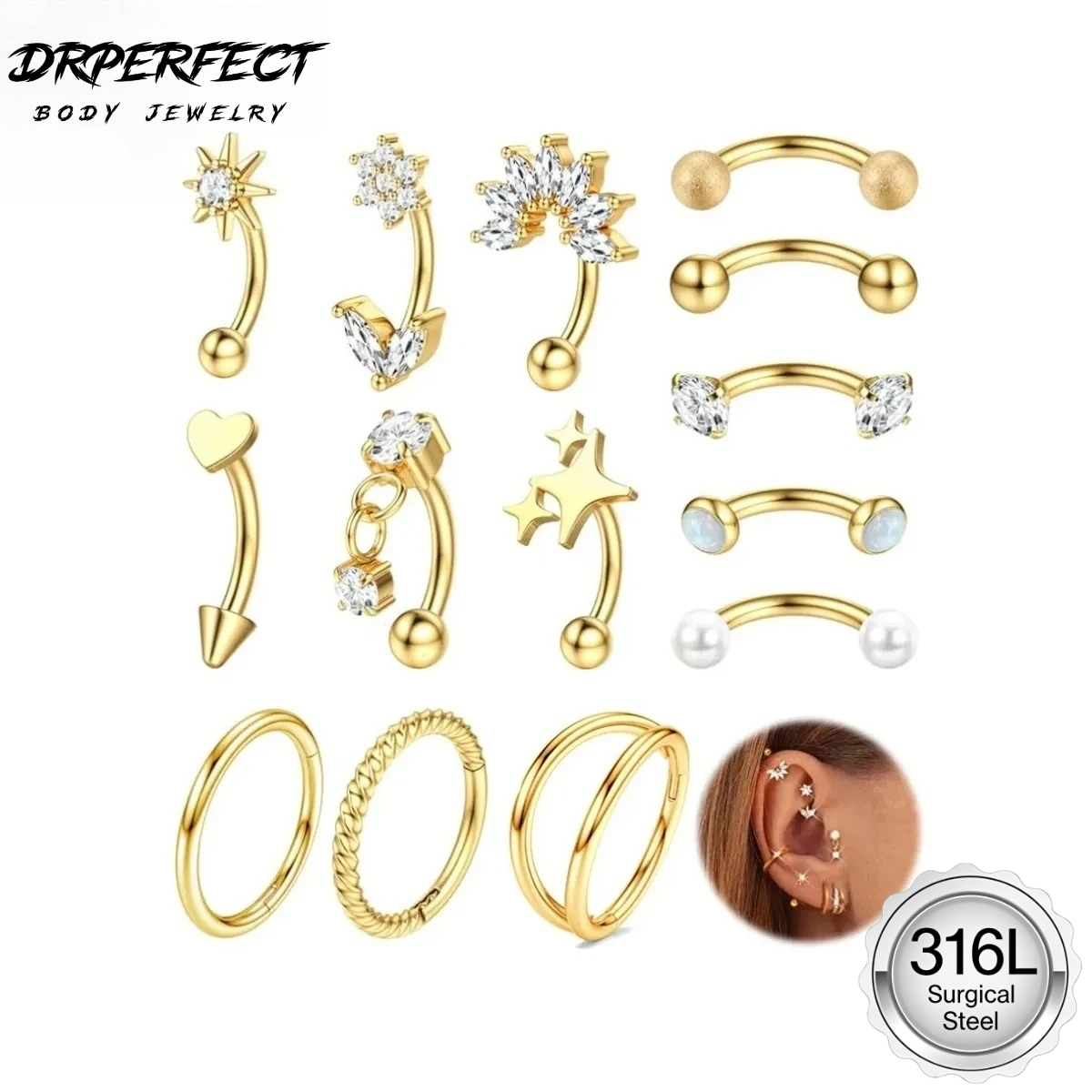 Eyebrow Curved Barbell - Drperfect 1PC Rook Augenbrauenpiercing 16G flache