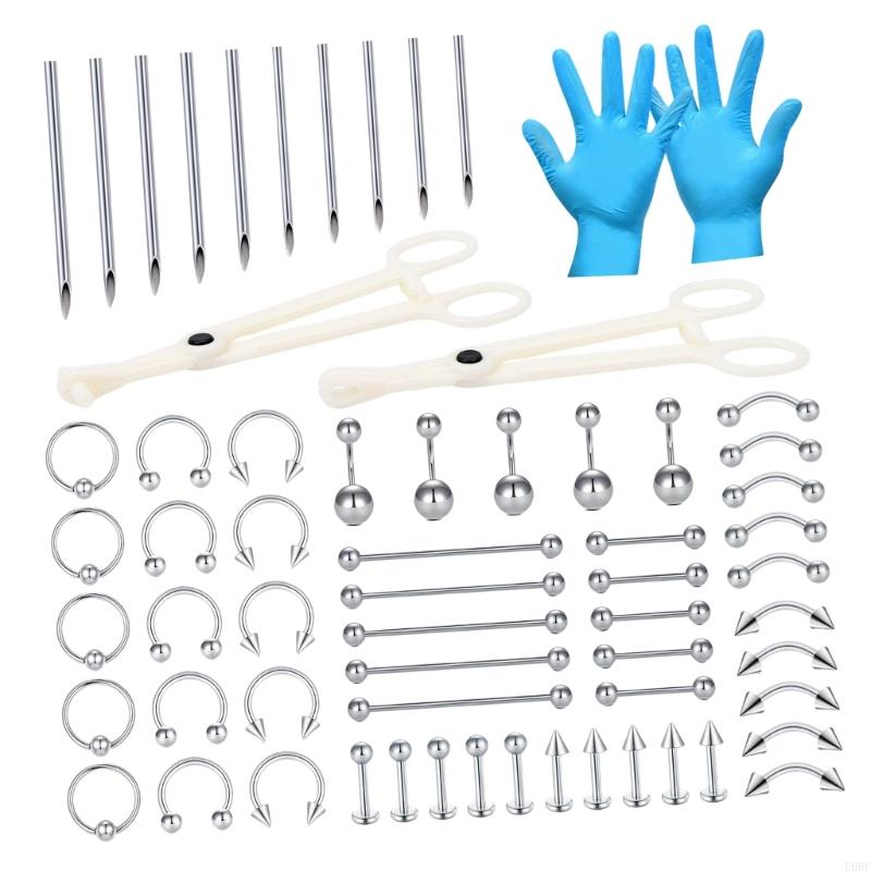 Body Jewelry Industrial - Komplettes 64-teiliges Piercing-Schmuckset mit Lippenringen, Labret-Ohrsteckern