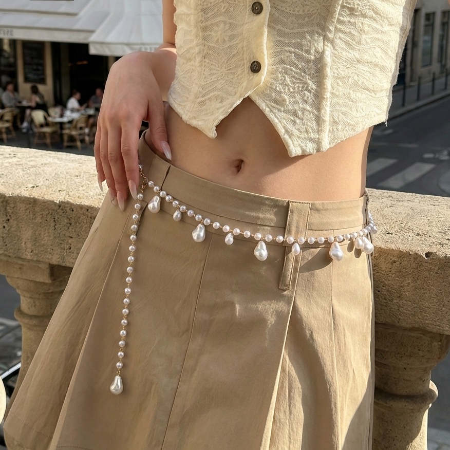 Body Jewelry For Sale - Luxuriöse französische Doppelschicht-Perlen-Taillenkette für Damen –