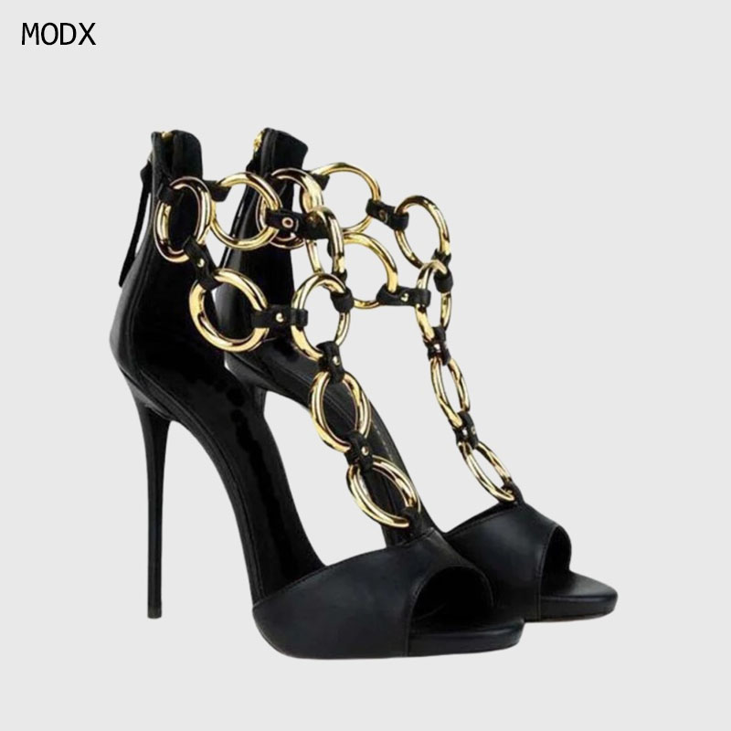 Damen Schwarze Leder-Sandalen  – Body Jewelry Back Bewertung und Preis