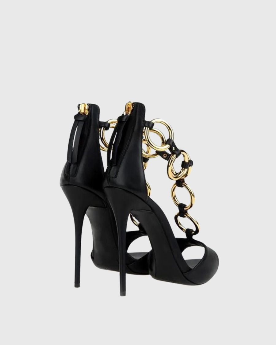 Damen Schwarze Leder-Sandalen  – Body Jewelry Back Bewertung und Preis