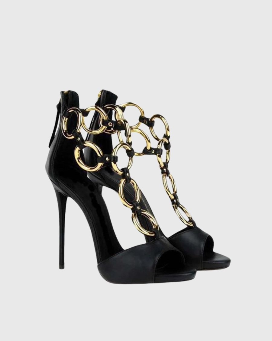 Damen Schwarze Leder-Sandalen  – Body Jewelry Back Bewertung und Preis