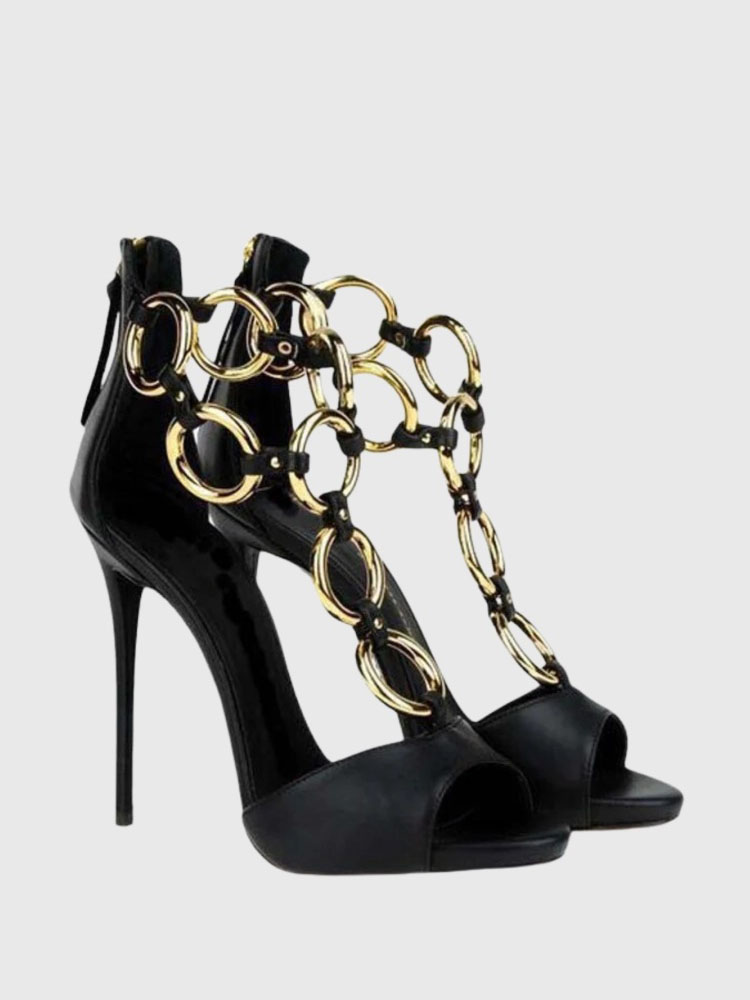 Damen Schwarze Leder-Sandalen  – Body Jewelry Back Bewertung und Preis